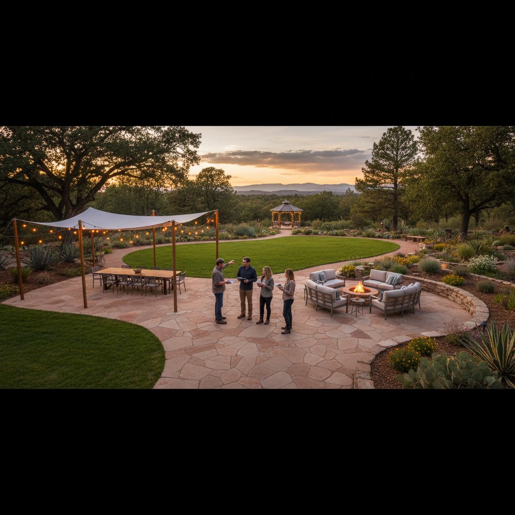 Outdoor party space with string lights overhead and pathway lighting