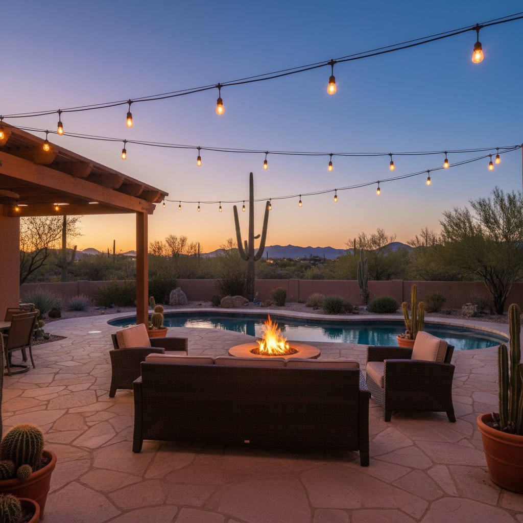 String bistro lights creating warm ambiance over Arizona patio with desert landscape