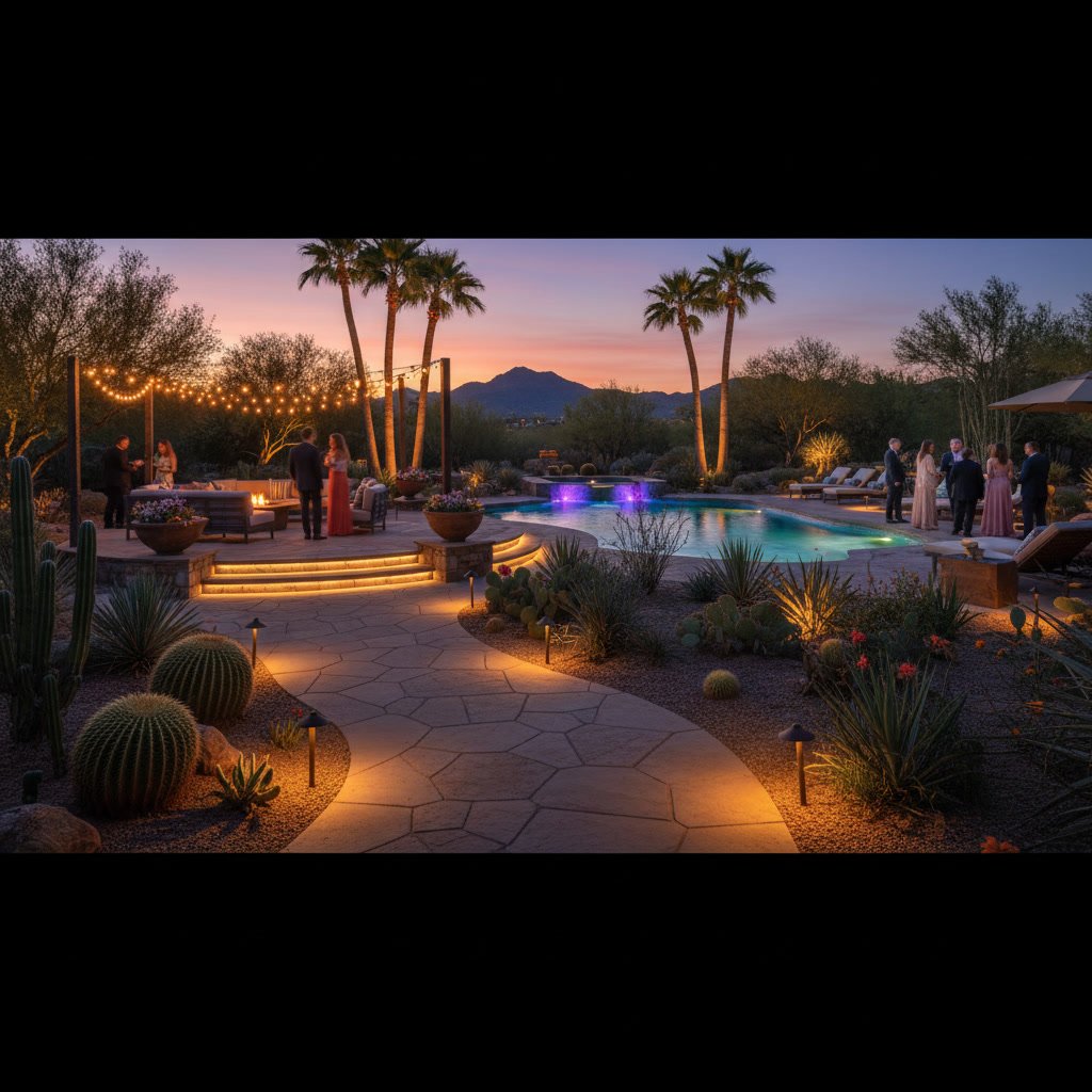 Low voltage path lights illuminating Arizona backyard walkway during evening party