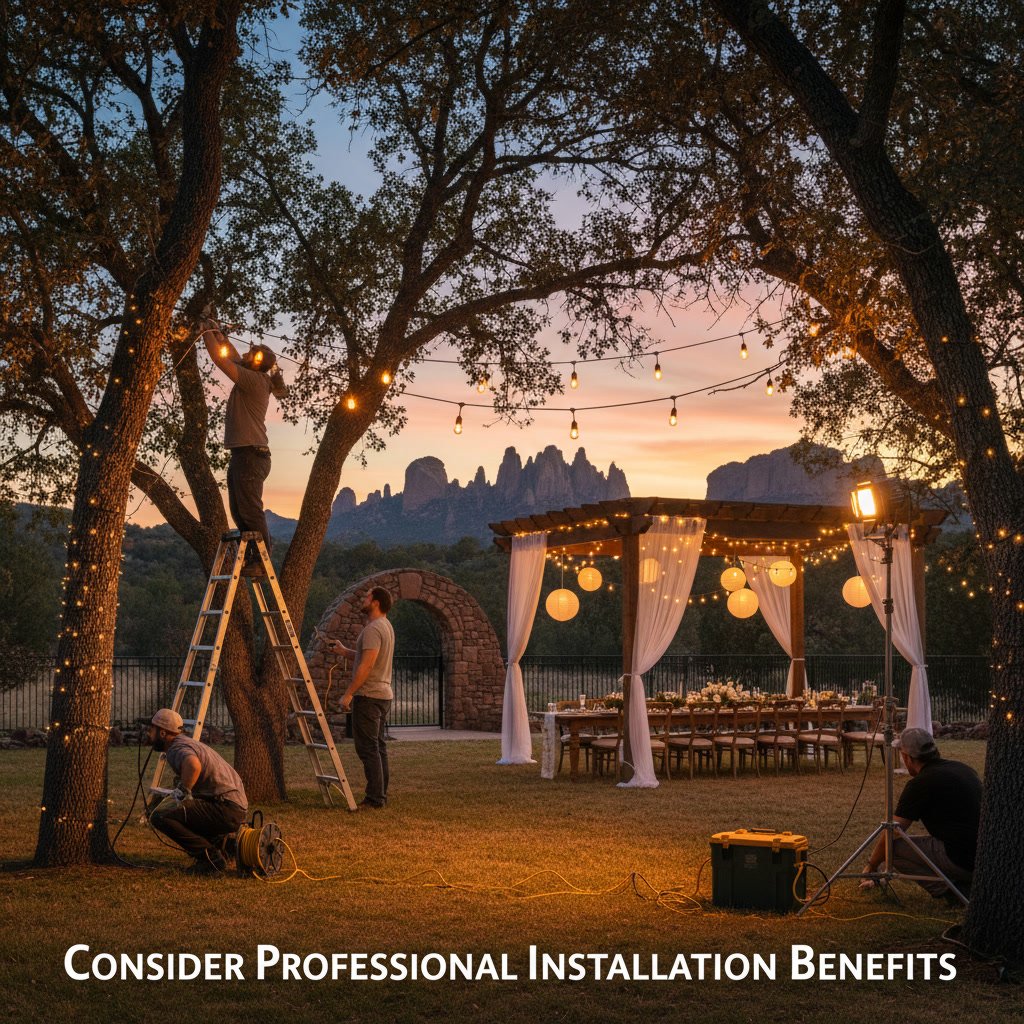 Professional event lighting installation for outdoor party in Prescott area