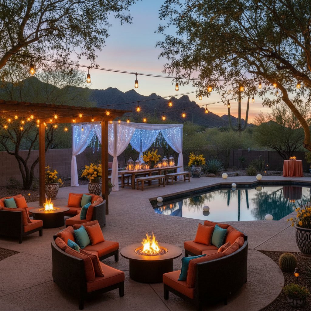 Multi-color party lighting illuminating Arizona patio with guests during evening celebration