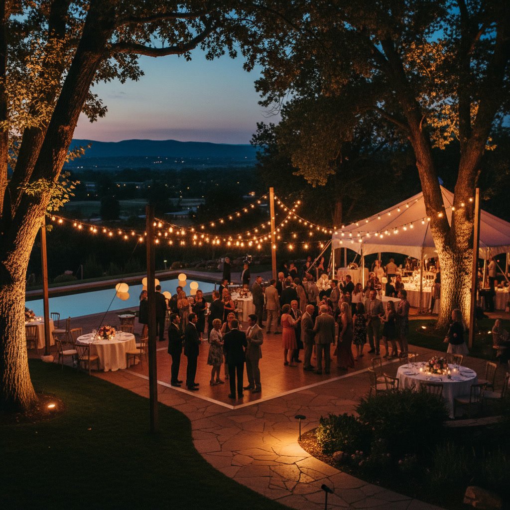 Beautifully lit outdoor party space in Prescott with string lights and ambient lighting