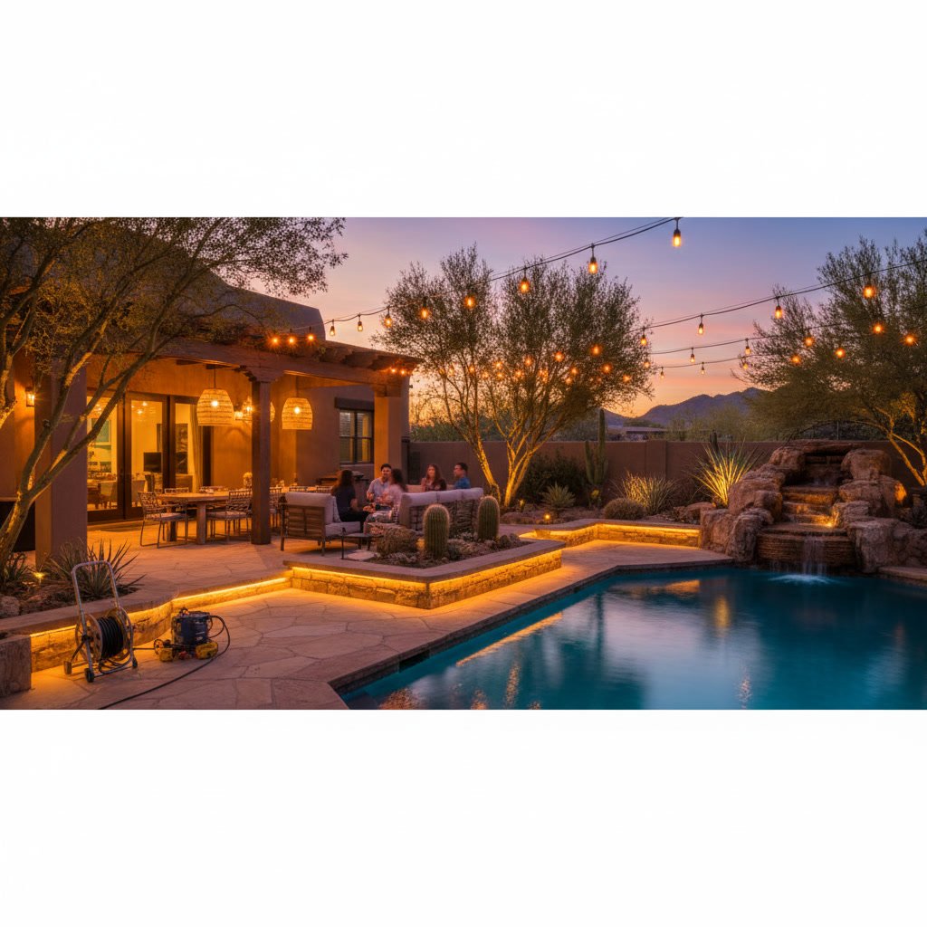 Beautifully lit Arizona backyard patio with party lighting creating warm ambiance for evening gathering