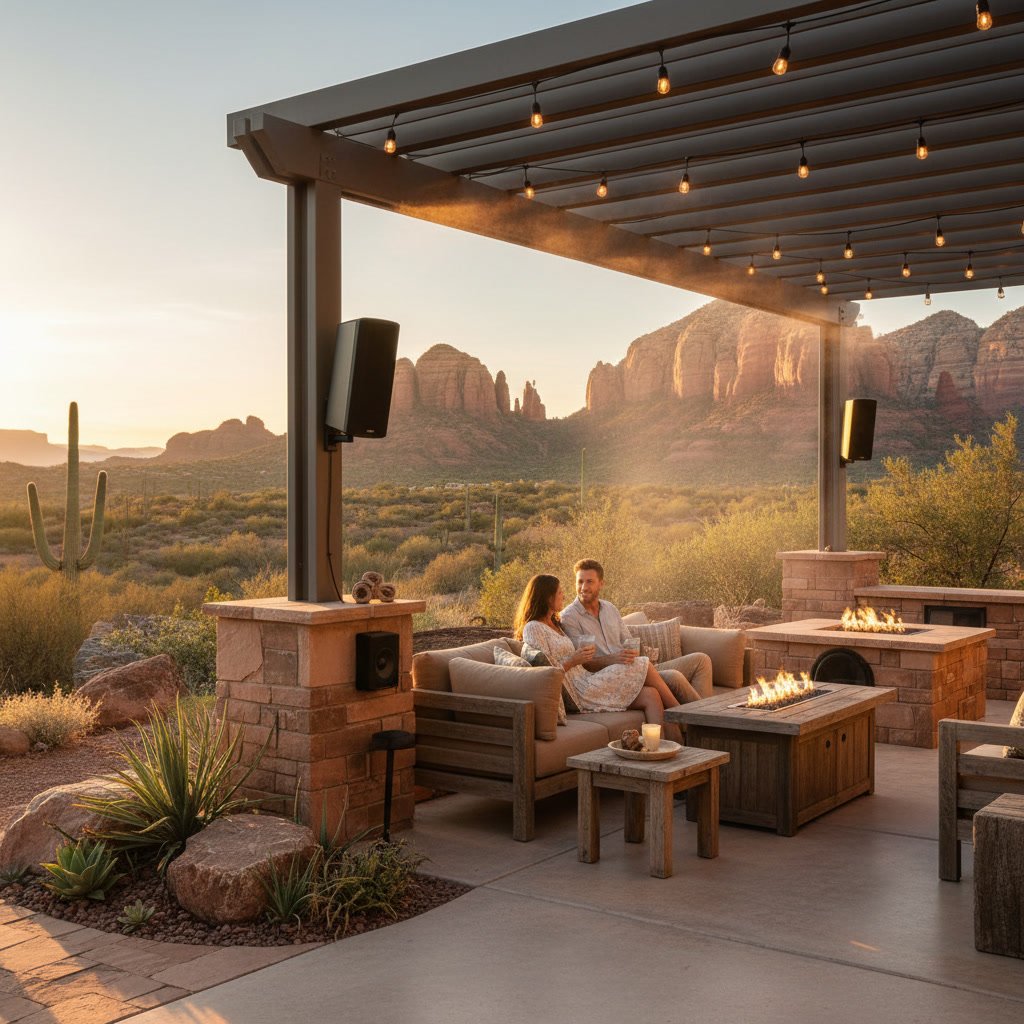 outdoor audio speakers installed on Arizona patio with desert landscaping