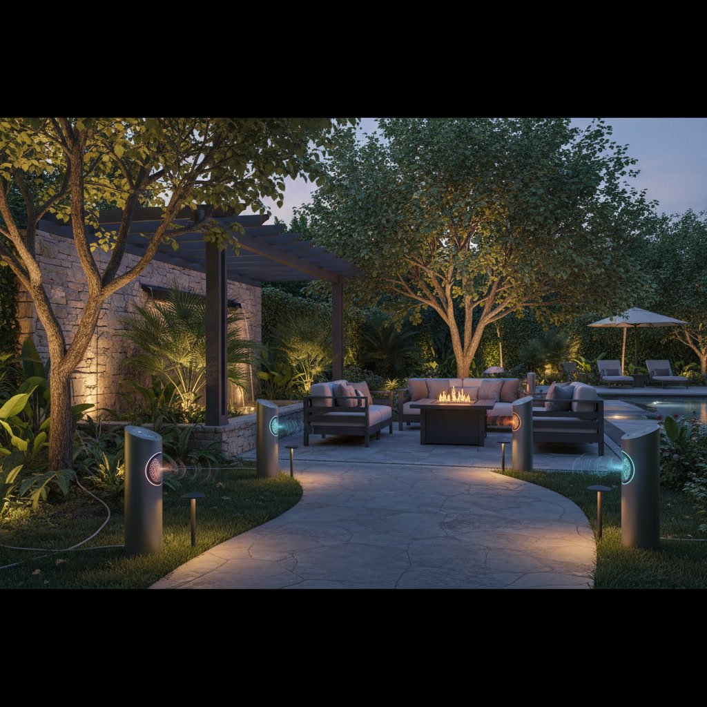 Outdoor audio speakers integrated with landscape lighting along pathway