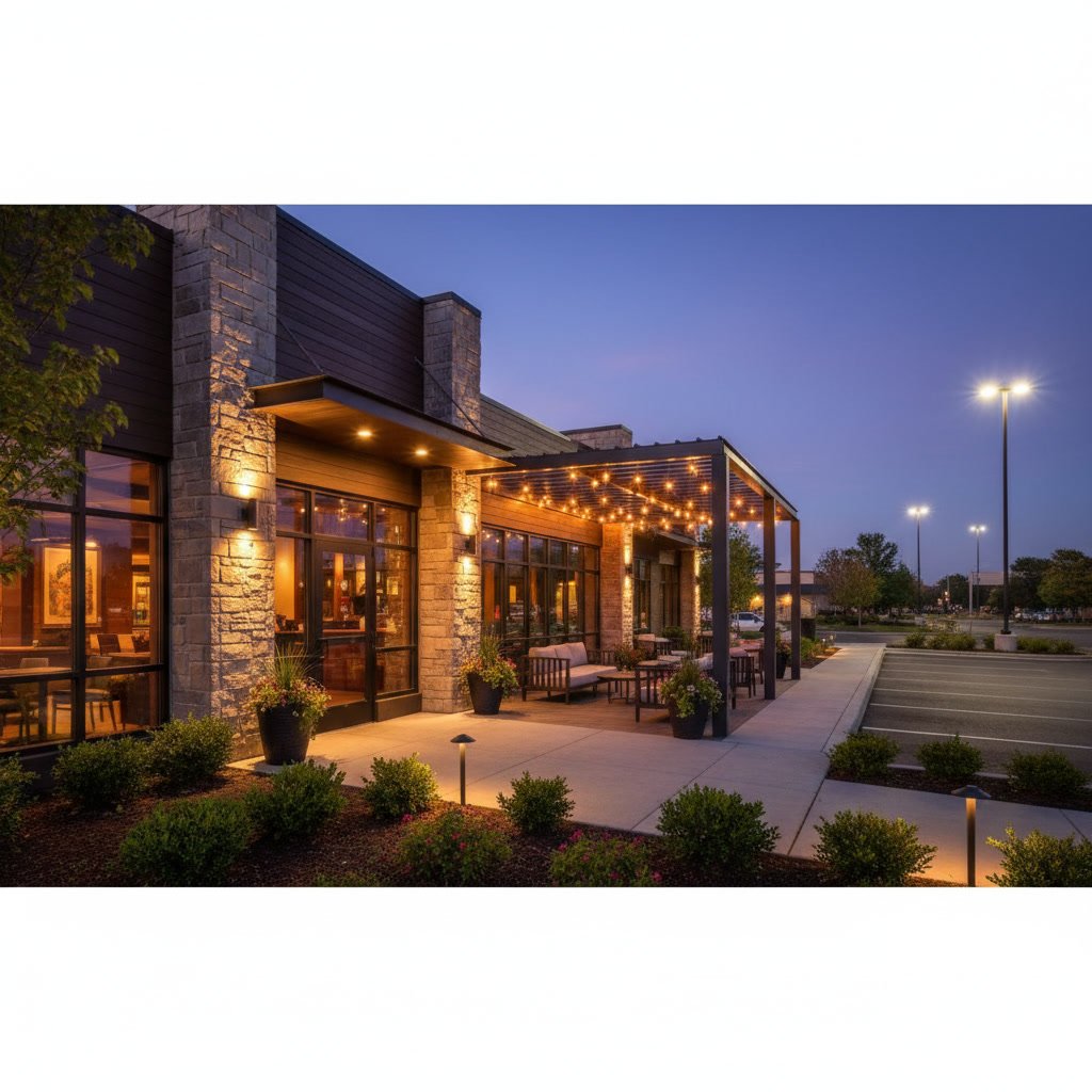 Commercial outdoor lighting illuminating business storefront entrance at night in Prescott Arizona