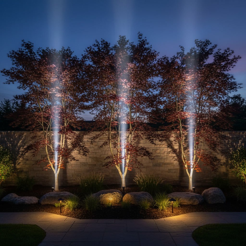 Upward angled landscape lights illuminating tree trunk and architectural wall