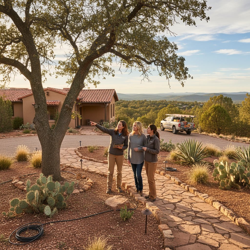 Professional landscape lighting consultant assessing outdoor property features