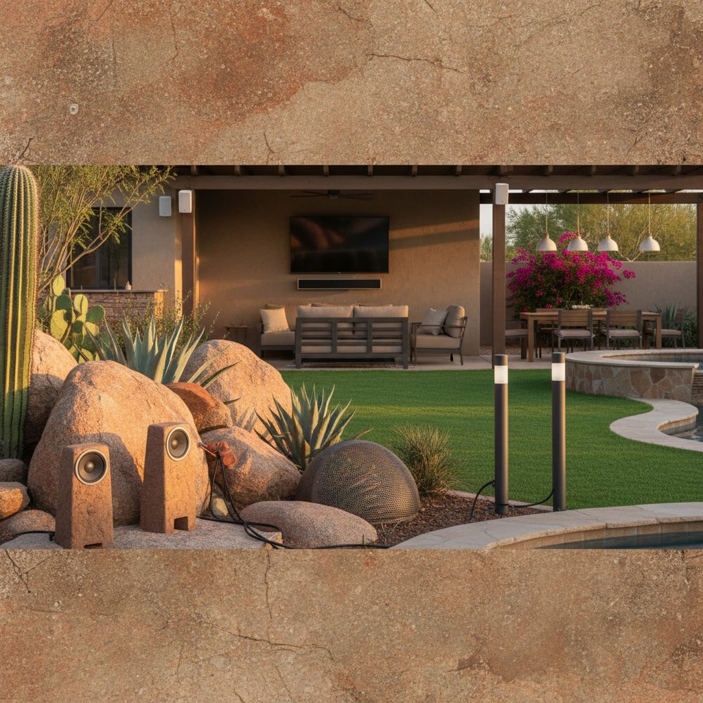 weather resistant outdoor speakers mounted on Arizona home exterior