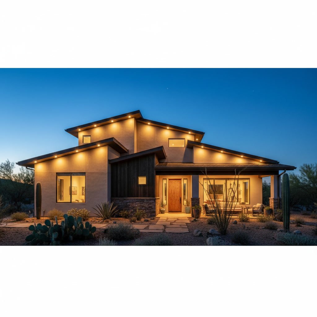 permanent LED track lighting installed on Chino Valley residential roofline
