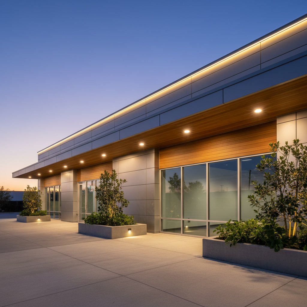 Types of commercial outdoor lighting fixtures including wall washers and pole lights for Arizona businesses