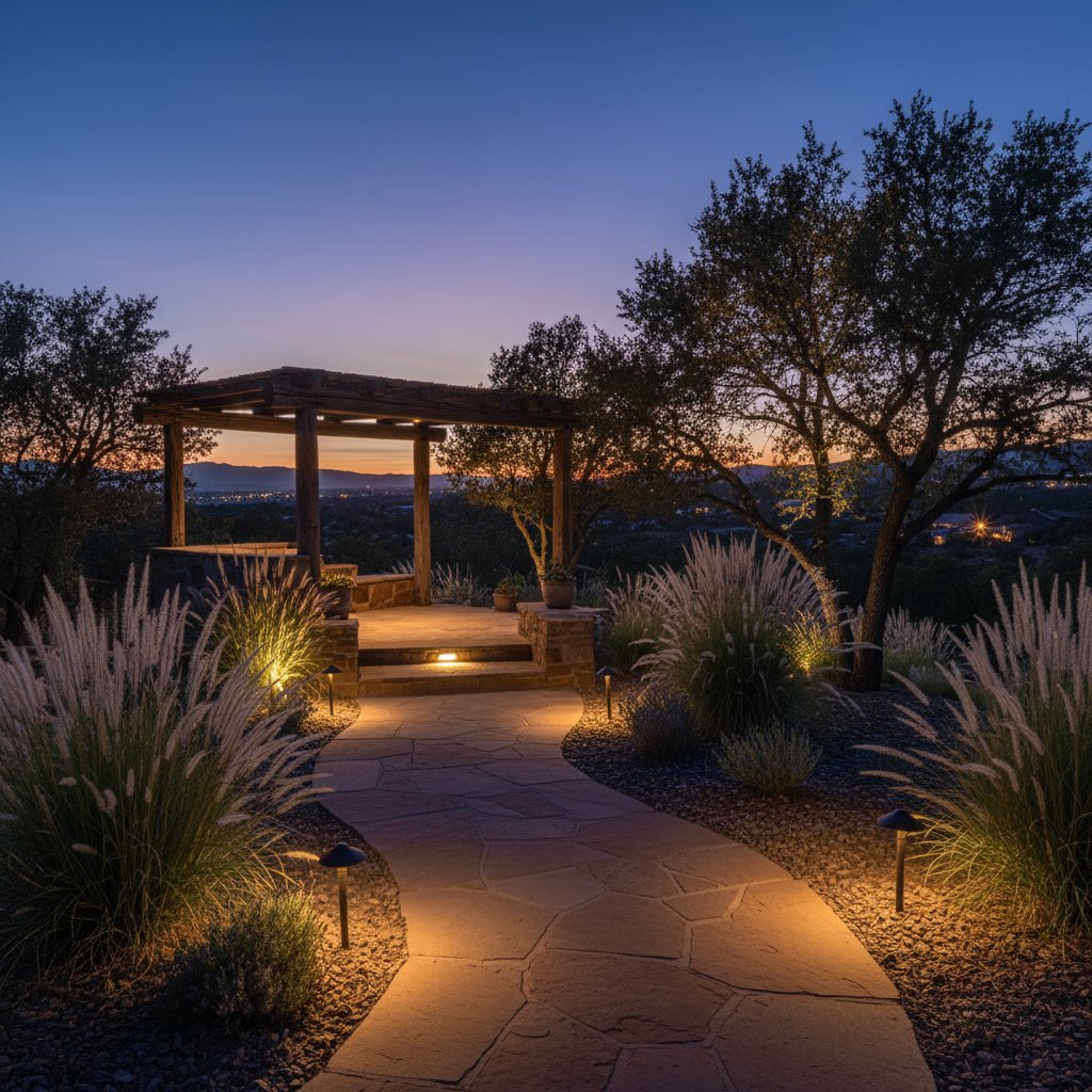 Layered landscape lighting with uplights on trees and downlights on patio