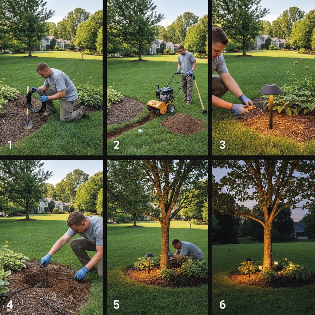 Landscape lighting fixtures being installed and wired in outdoor setting