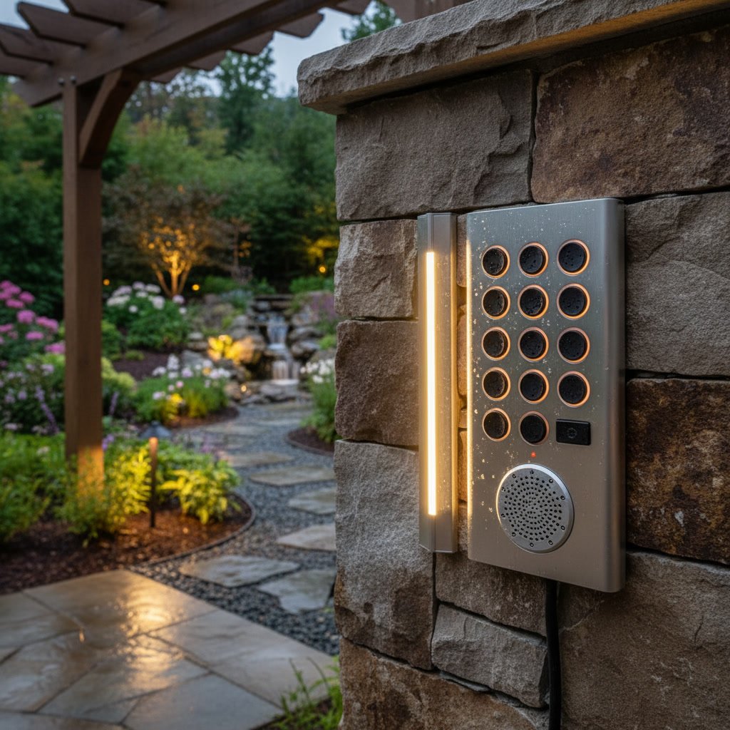 Integrated outdoor lighting and audio system illuminating backyard patio