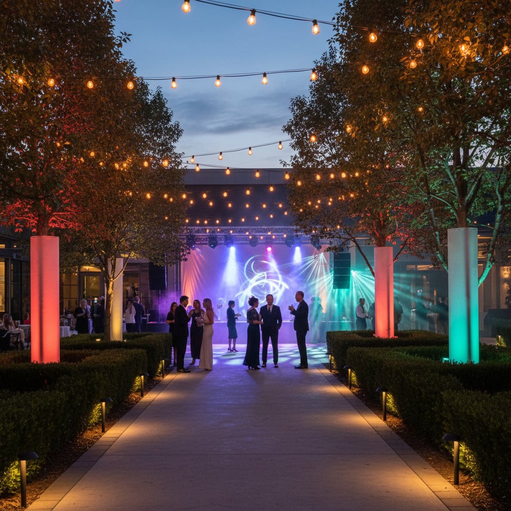 Commercial property in Prescott Valley with multiple types of outdoor lighting including pathway and accent fi