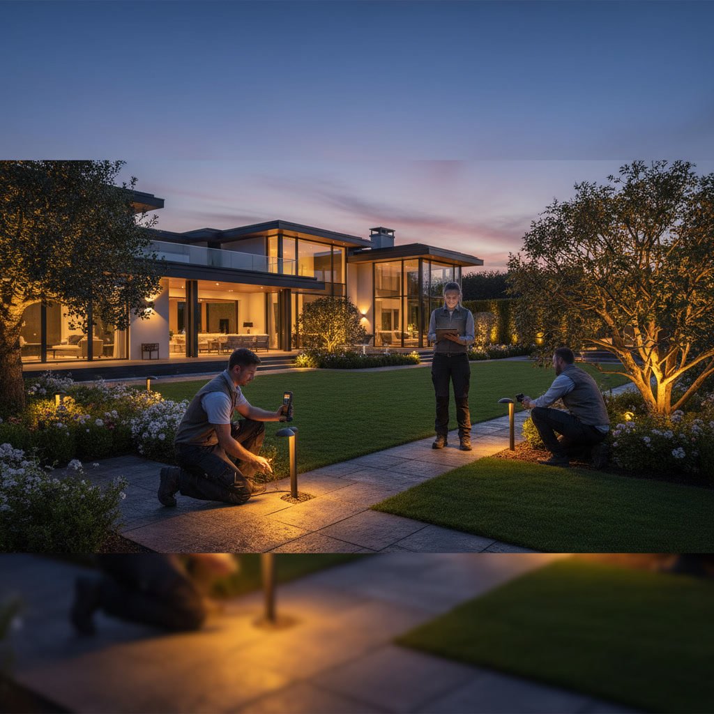 Completed landscape lighting installation illuminating outdoor space at night