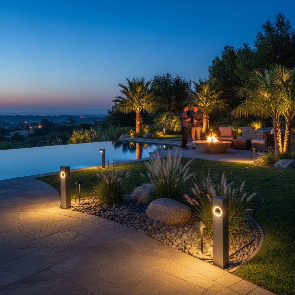 Outdoor landscape lighting and audio speakers integrated in backyard entertainment area