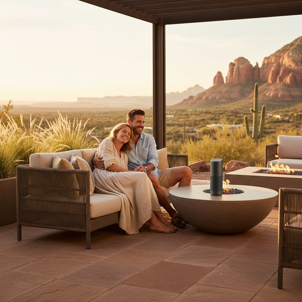 Arizona patio with outdoor audio speakers and comfortable seating area
