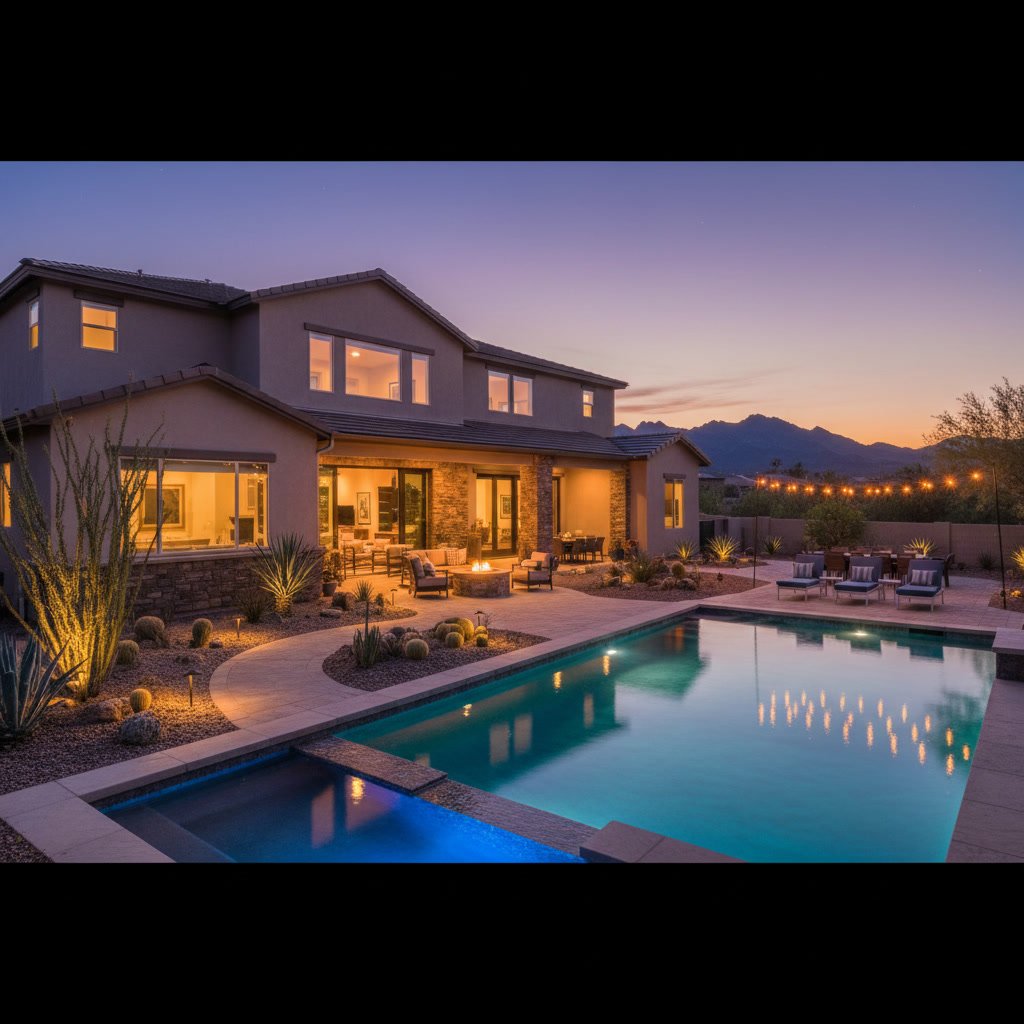 beautiful residential outdoor lighting illuminating Chino Valley Arizona home at dusk