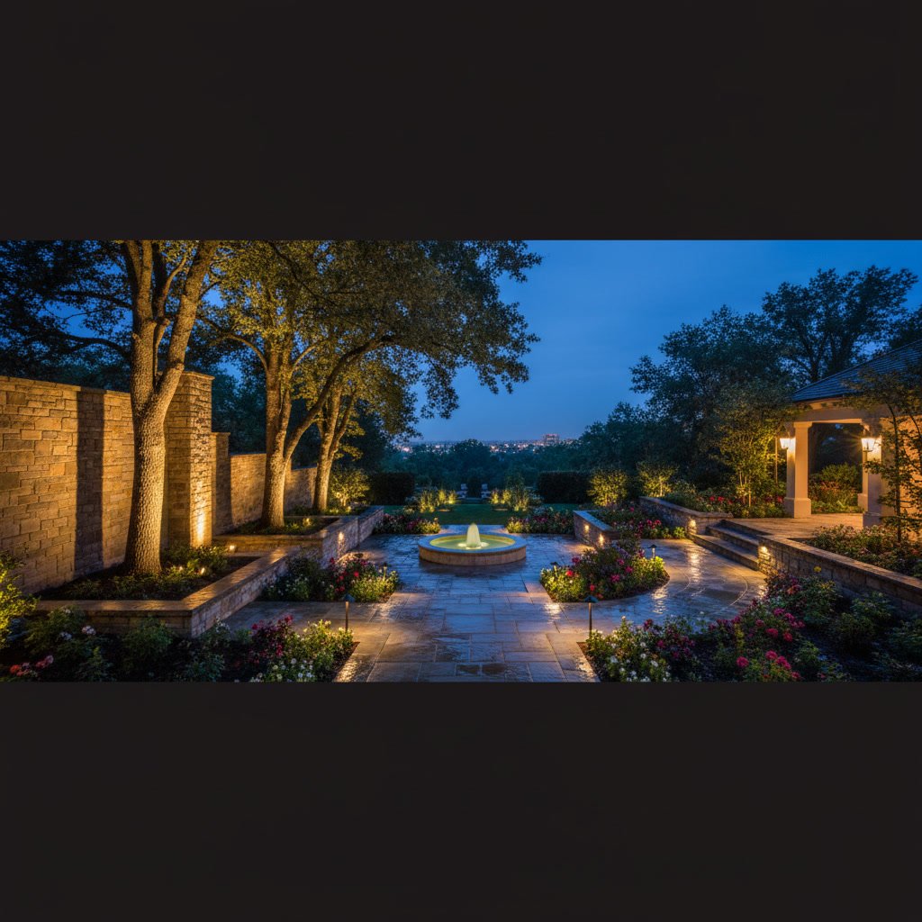 Professional landscape lighting showing uplighting and downlighting techniques on home exterior