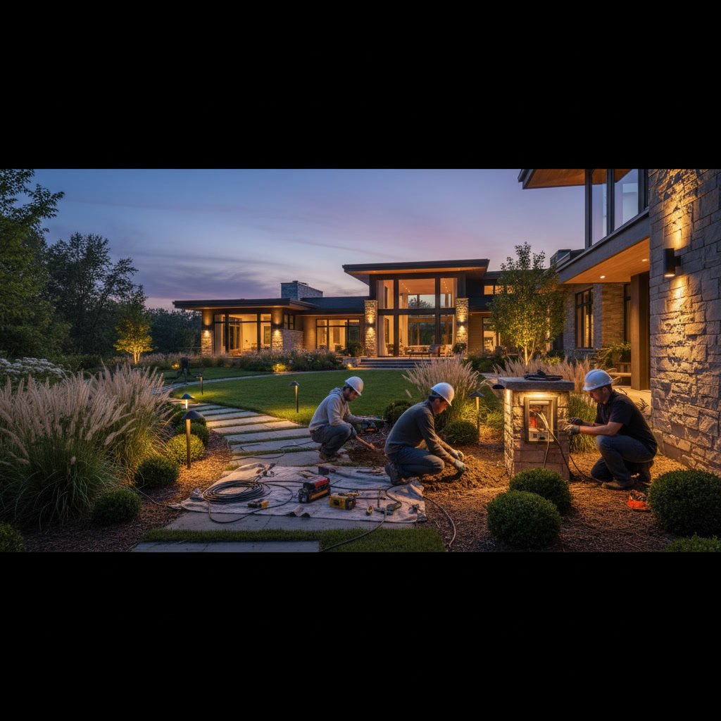 Professional landscape lighting installation illuminating residential property exterior