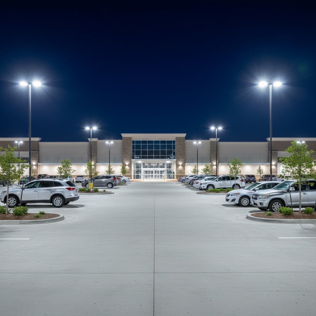 Commercial parking lot with professional LED lighting installation improving visibility and safety