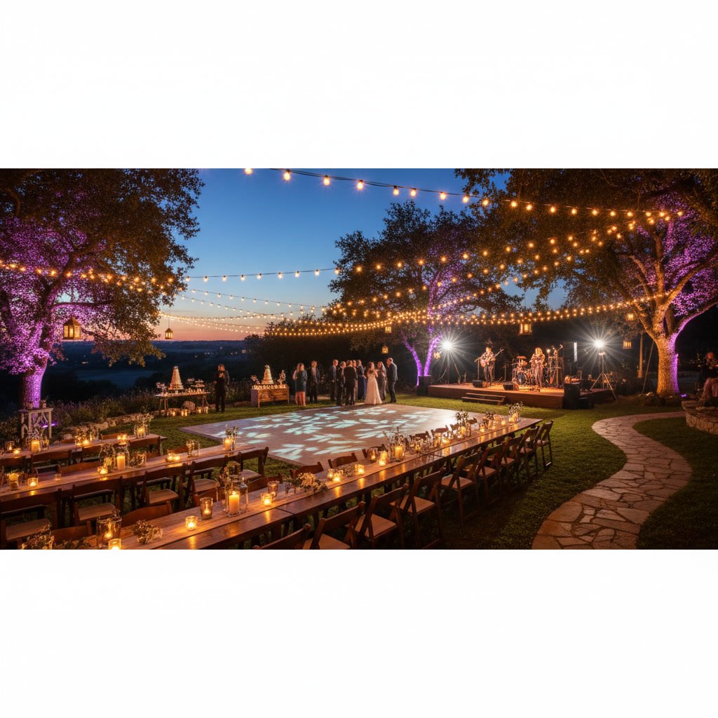 Outdoor wedding ceremony with elegant ambient and accent lighting at sunset