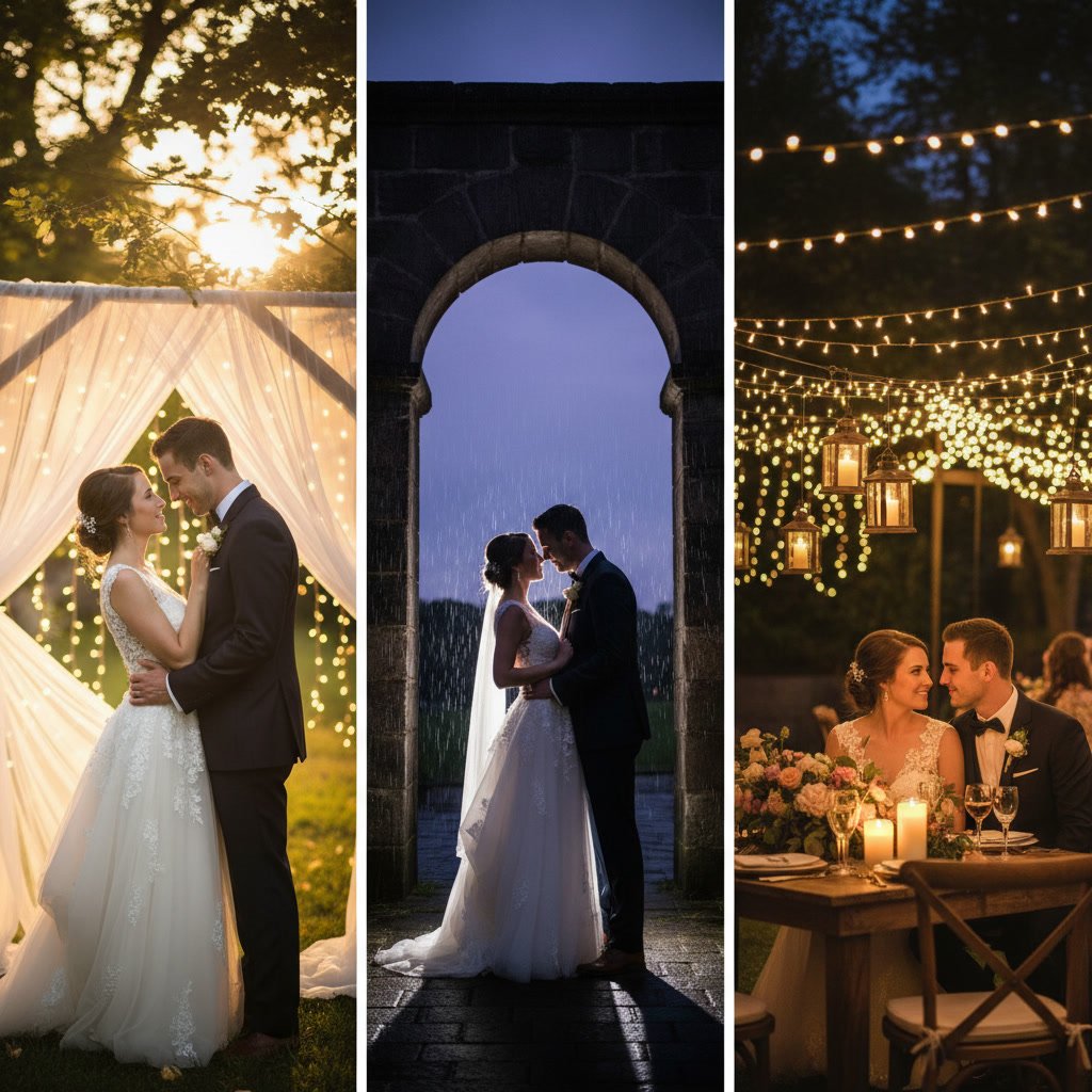 romantic wedding reception lighting with warm uplighting and string lights