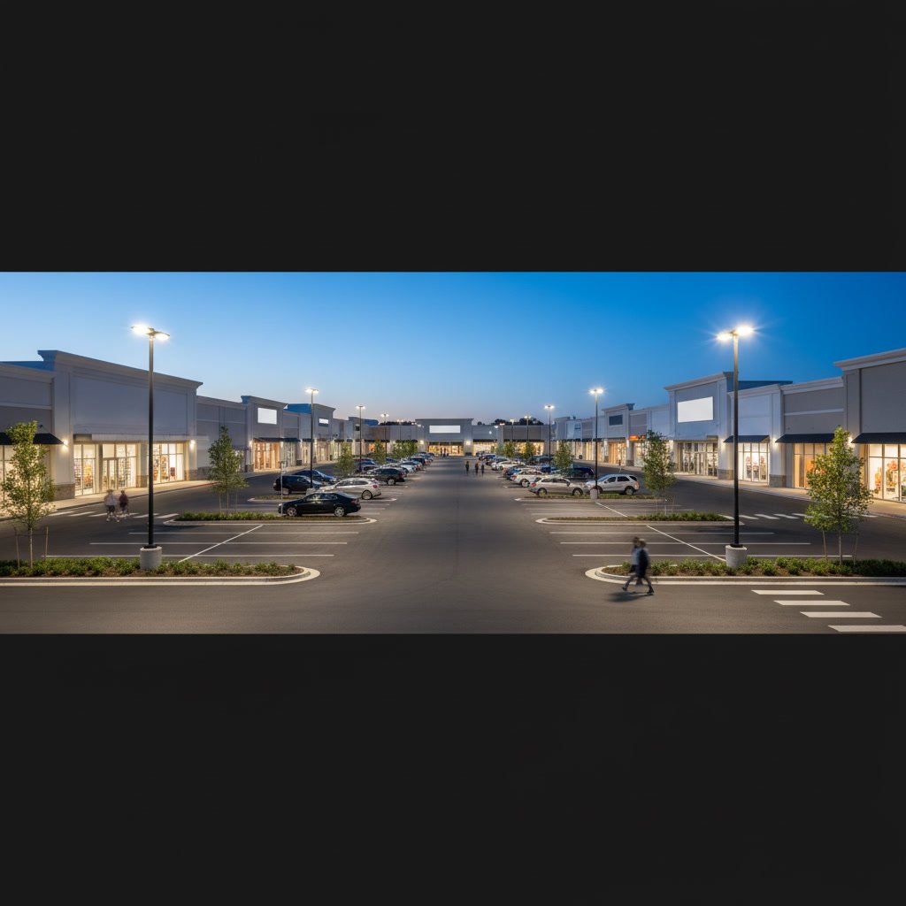 Energy-efficient LED parking lot lights providing uniform illumination for commercial property