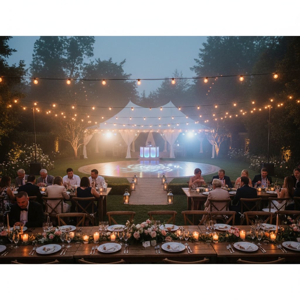 Wedding reception with layered lighting including string lights and table illumination