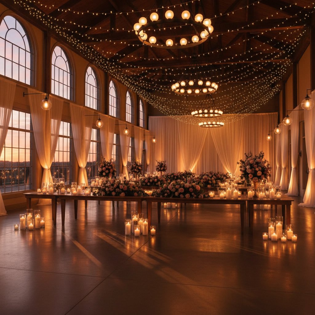 dramatic wedding venue lighting with colored uplighting and spotlights