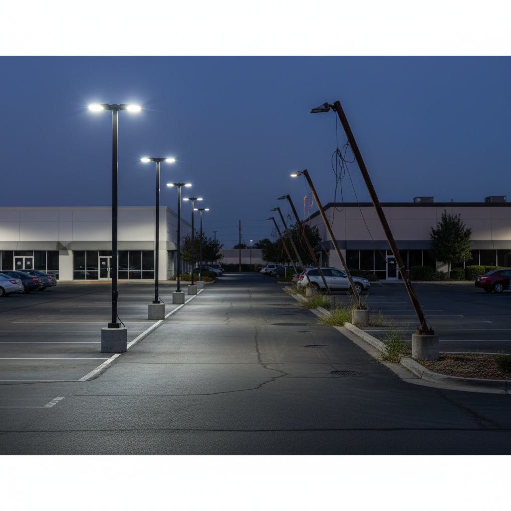 Professional commercial lighting contractor installing LED fixtures in business parking area
