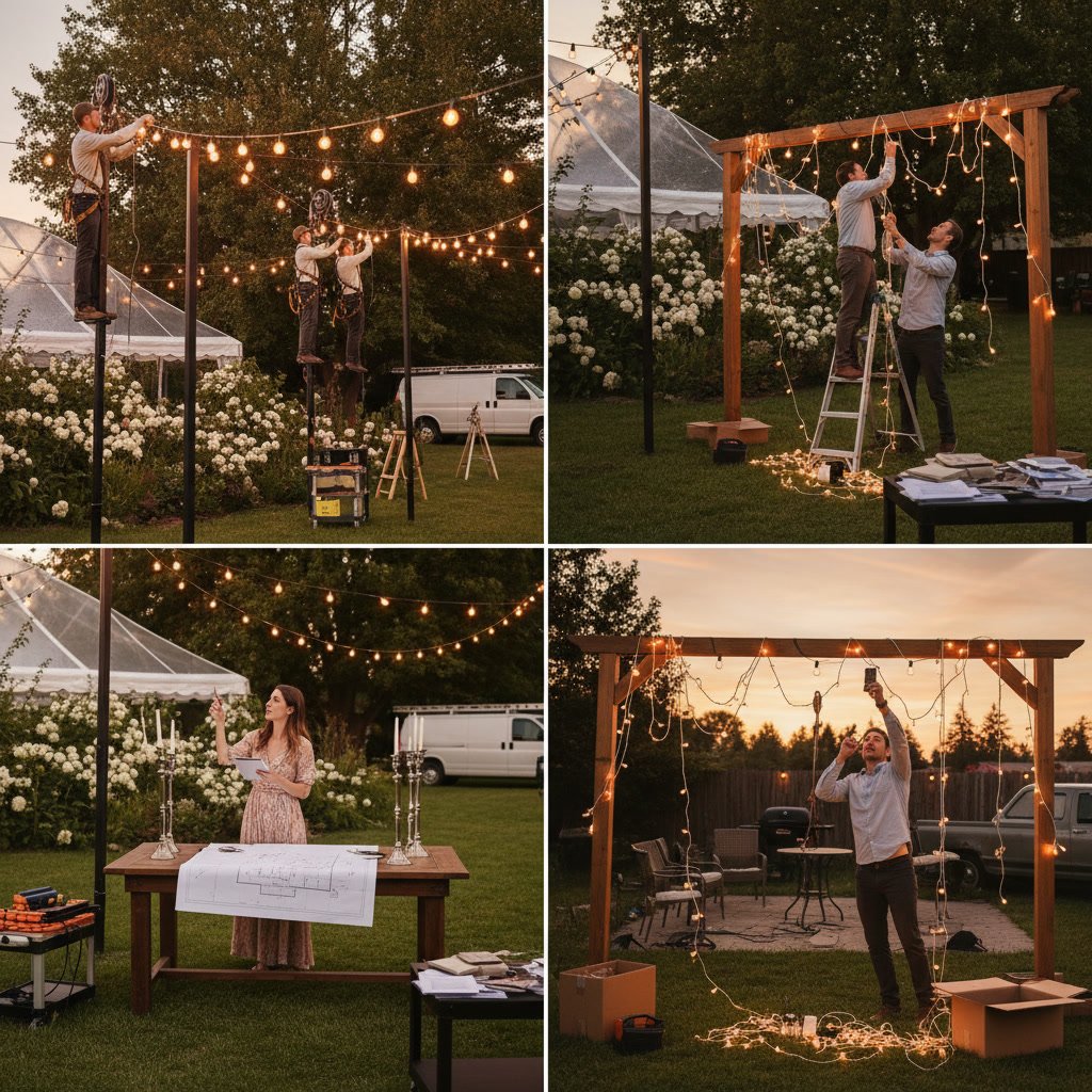 Professional wedding lighting setup with uplighting and string lights creating romantic ambiance