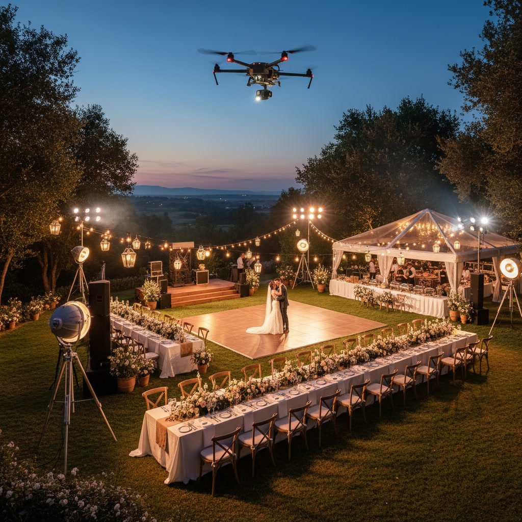 ambient wedding lighting creating even illumination across outdoor reception