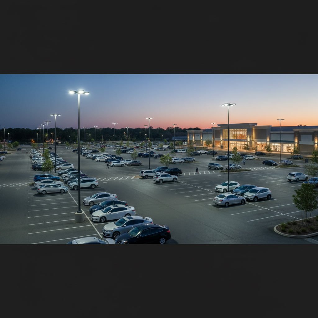 Well-lit commercial parking lot at dusk showing professional LED lighting installation