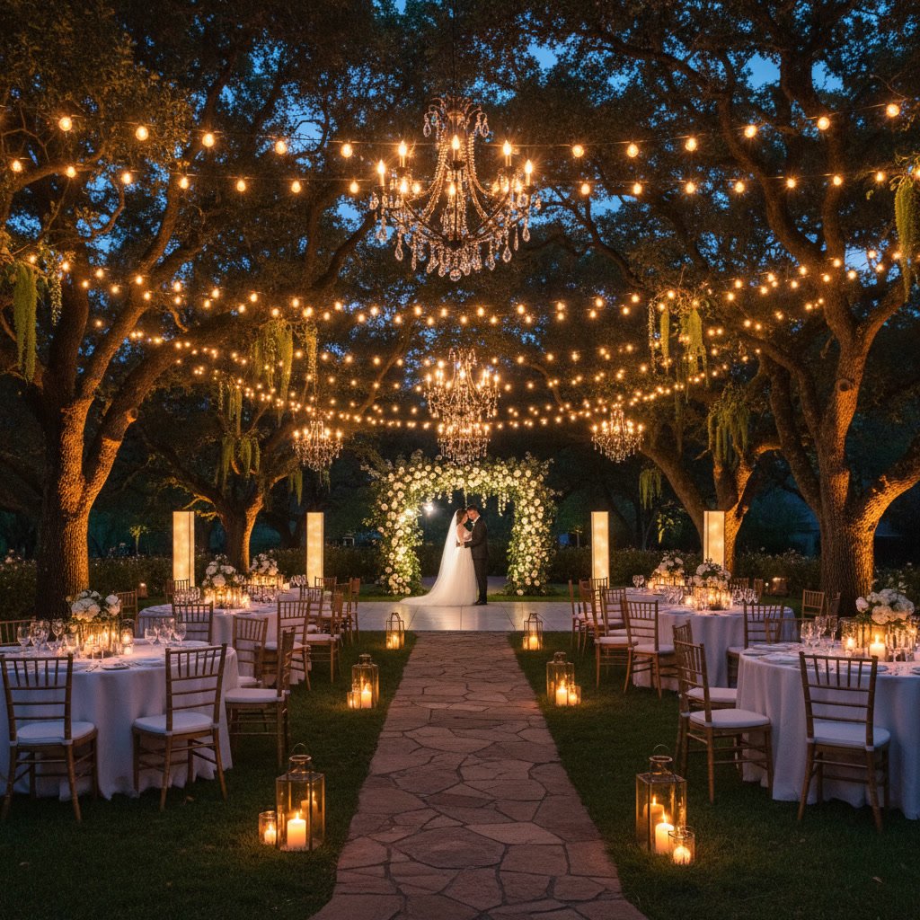 Beautiful outdoor wedding venue with professional lighting design at dusk