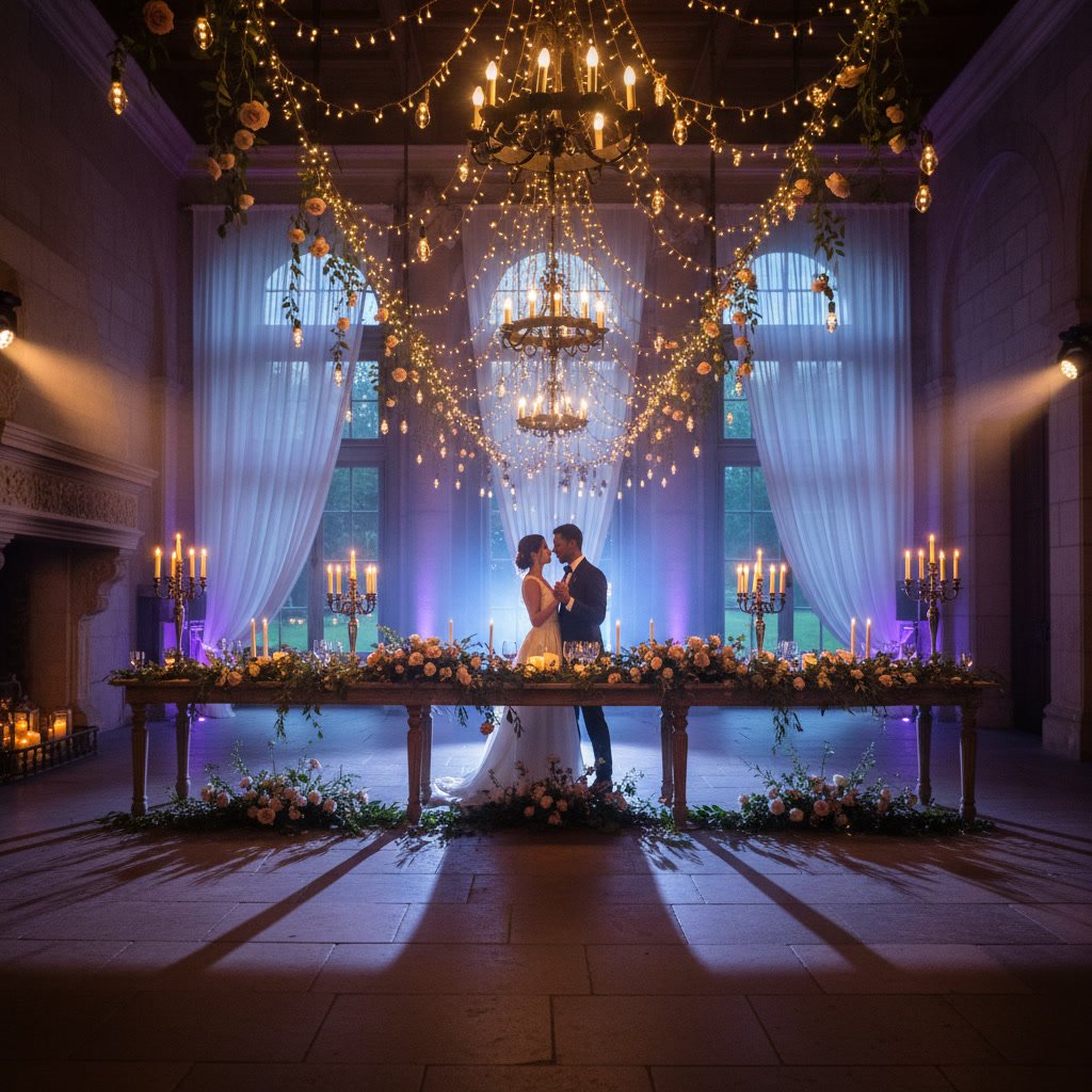 elegant wedding venue with layered romantic dramatic and ambient lighting
