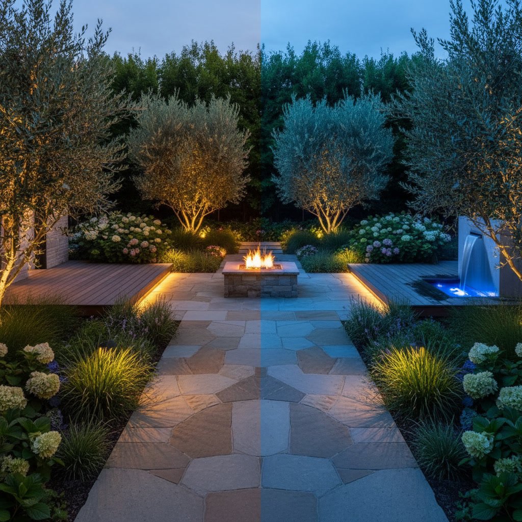 warm white landscape lighting illuminating stone pathway and garden beds at night
