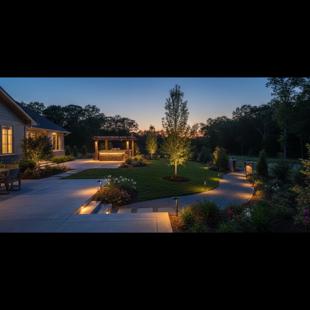 Residential landscape lighting zones illuminating front yard walkway and garden areas separately
