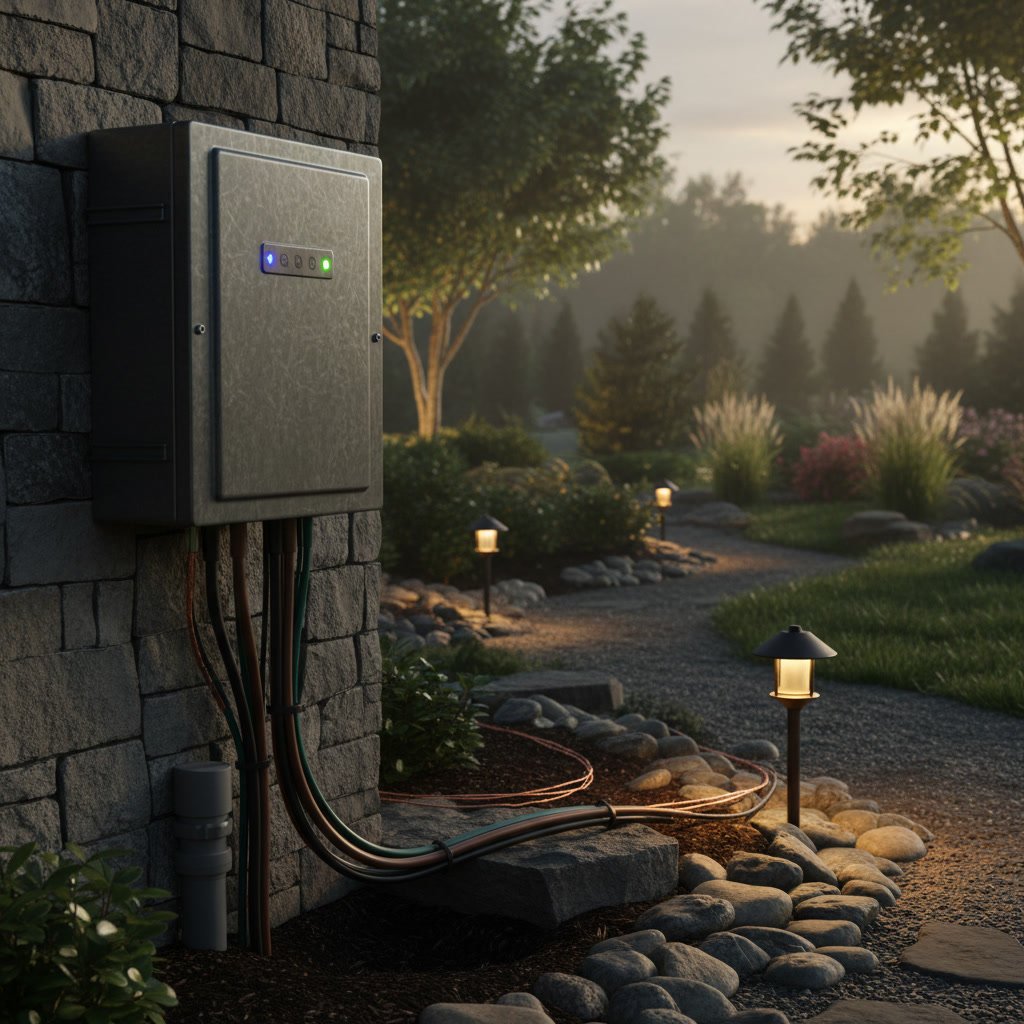 Landscape lighting transformer mounted on exterior wall distributing power to outdoor fixtures