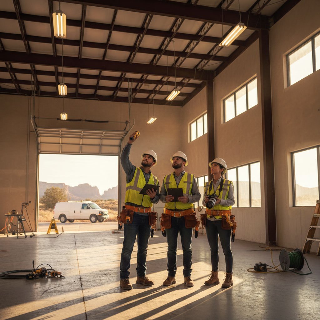 Commercial building exterior during professional lighting site assessment