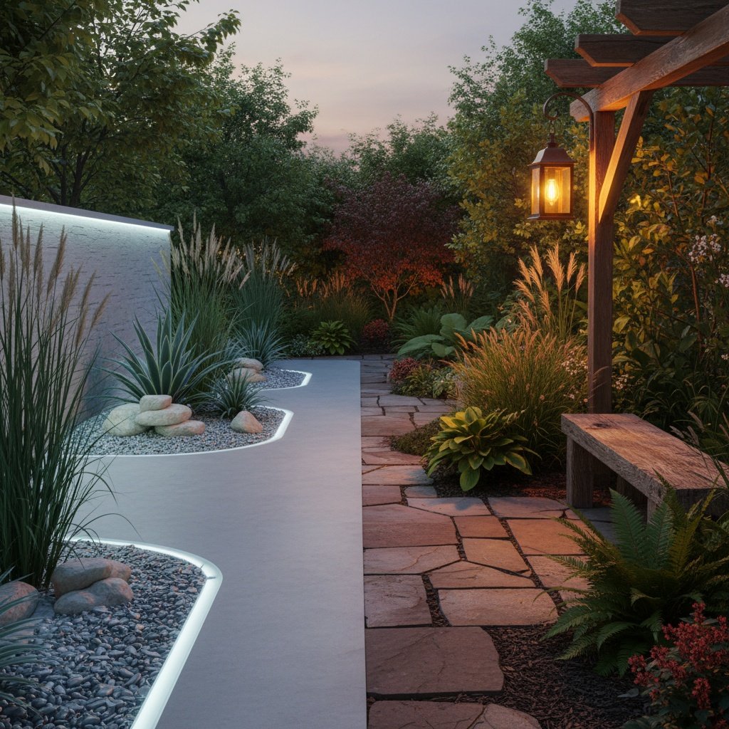 desert landscape with warm LED uplighting on native plants and stone features