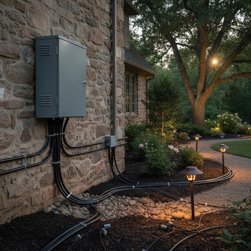 Low voltage wiring buried underground connecting landscape lighting fixtures