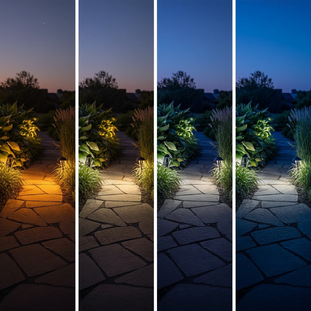 comparison of warm and cool LED landscape lighting on residential property exterior
