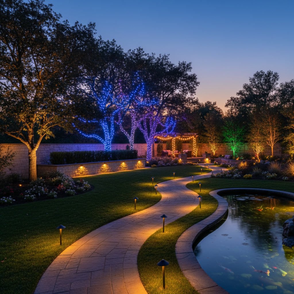 Smart landscape lighting control system managing multiple outdoor lighting zones