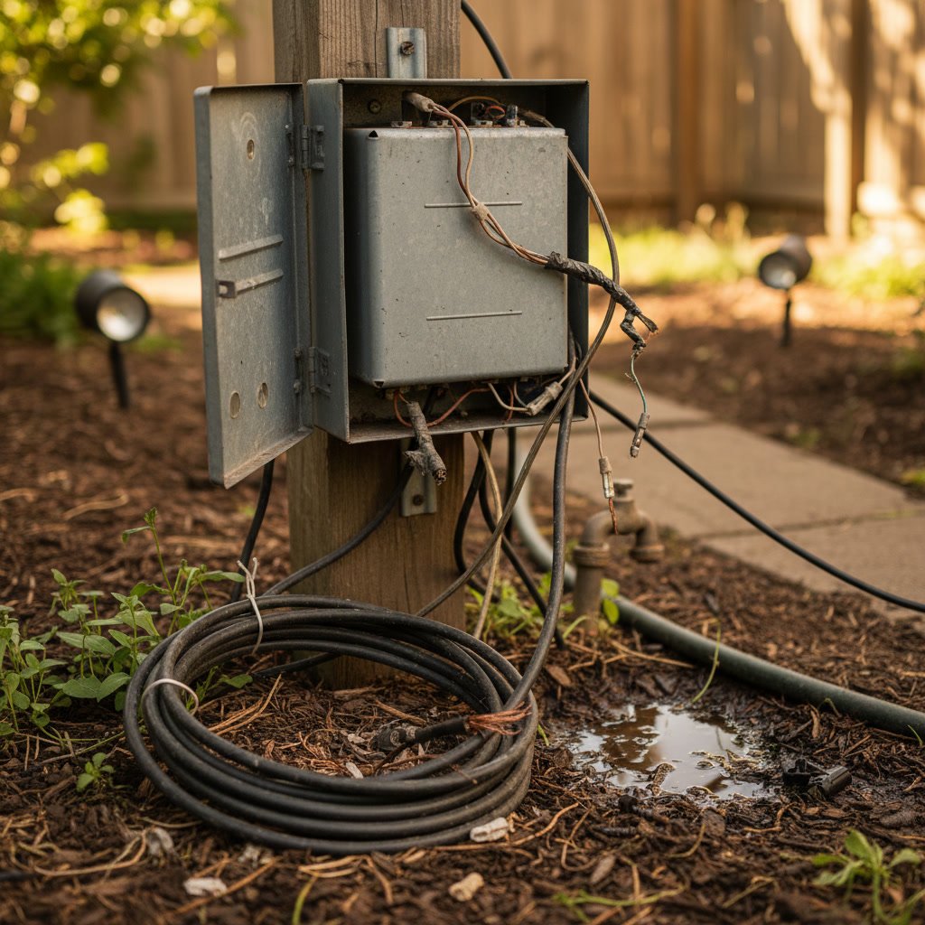 Transformer and wiring connections for outdoor landscape lighting system