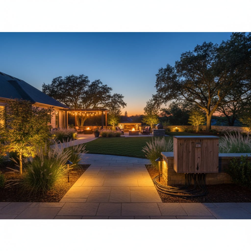 Multiple landscape lighting zones illuminating different areas of a residential property at dusk