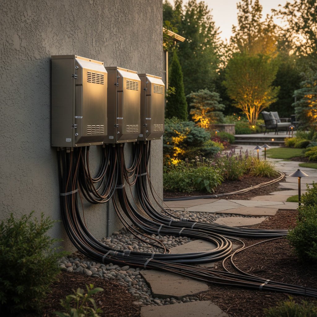 Professional landscape lighting transformer installation powering outdoor lighting system